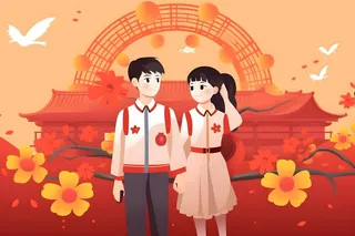 学生中国红祖国繁花背景