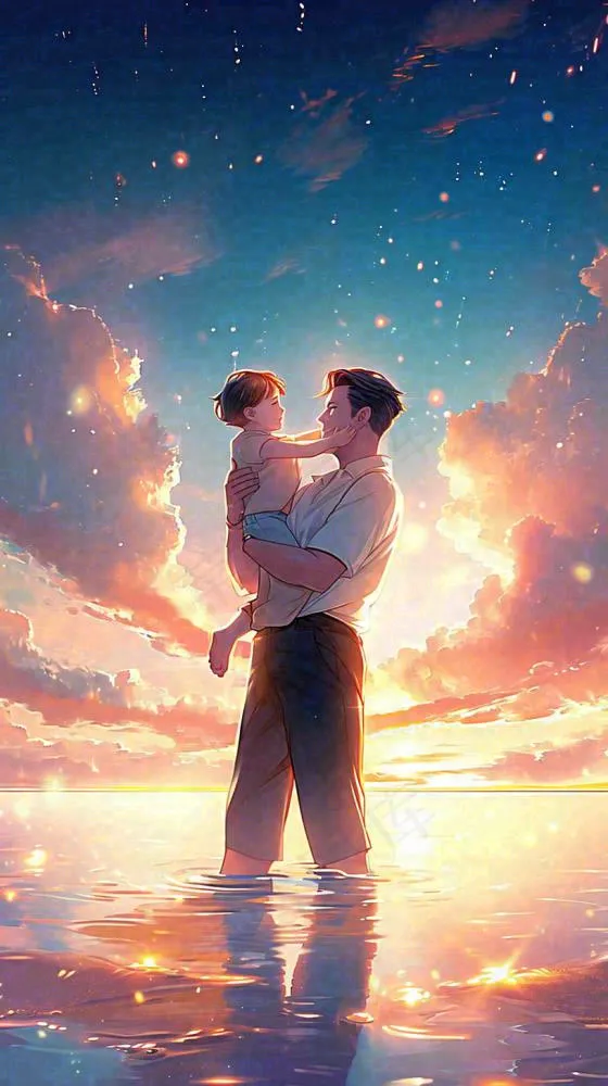 父爱父亲节海边落日温馨爱意浪漫插画(816x1456)