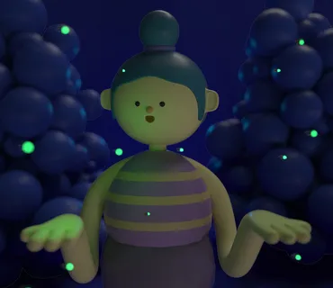 夏日夜晚卡通风格女孩萤火虫主题C4D元素