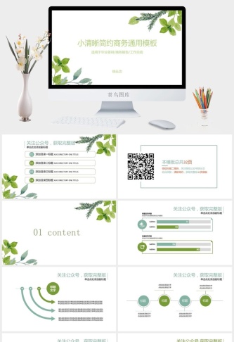 扁平化图表绿叶小清新工作报告通用商务ppt模板预览图