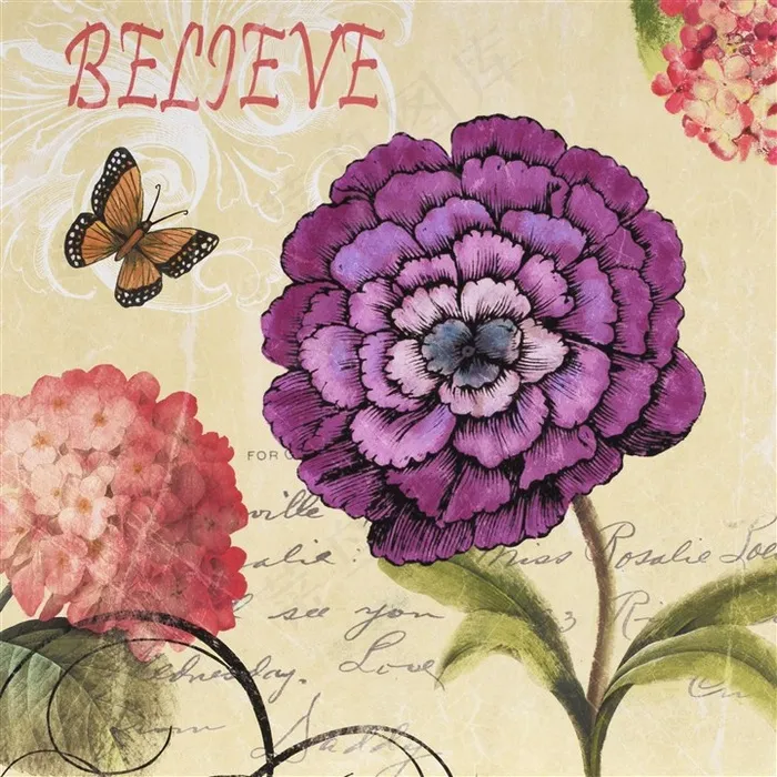 复古蝴蝶花卉装饰画