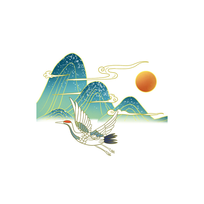 中国风国潮仙鹤山水插画手绘元素场景PSD设计素材