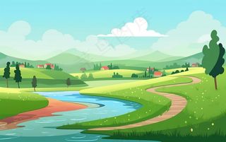 乡村村庄美丽风景河流插画农田插画背景