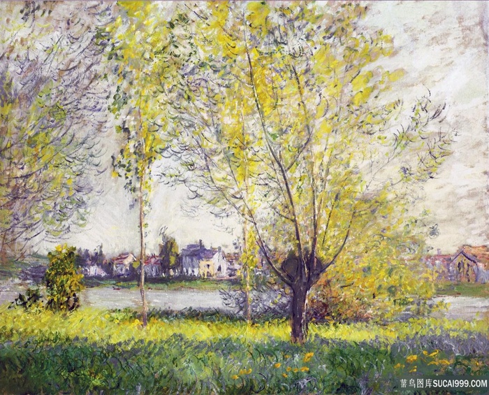 柳树公园美景风景画油画