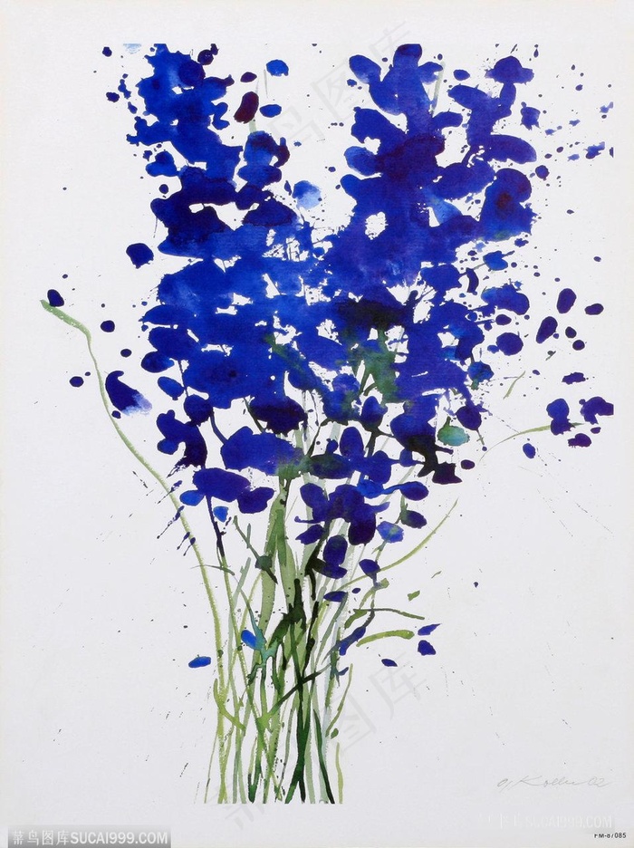 蓝色水墨花卉高清插画