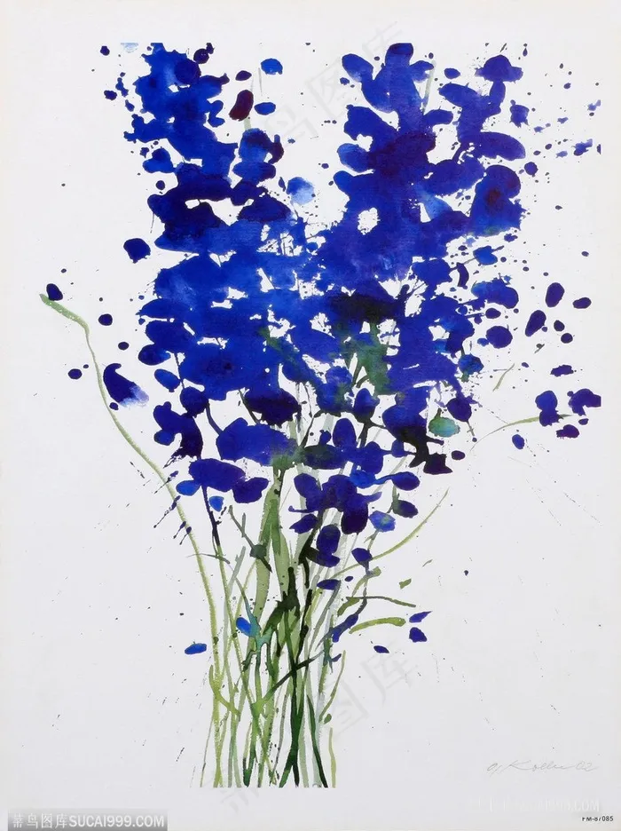 蓝色水墨花卉高清插画