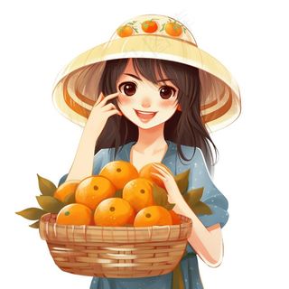 抱着一篮橘子的少女卡通插画免抠