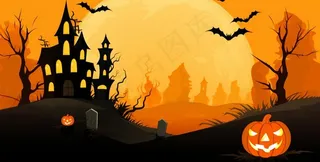 万圣节恐怖城堡坟墓橙色卡通插画背景
