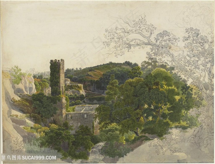 水彩树林建筑油画风景画