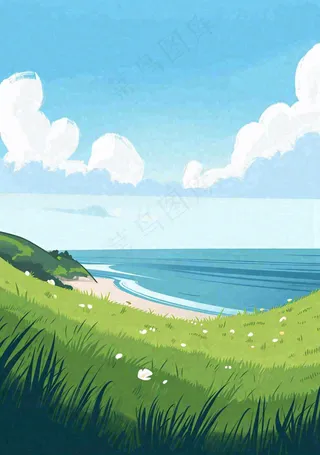 海边蓝天白云草地小花，春天清新海景