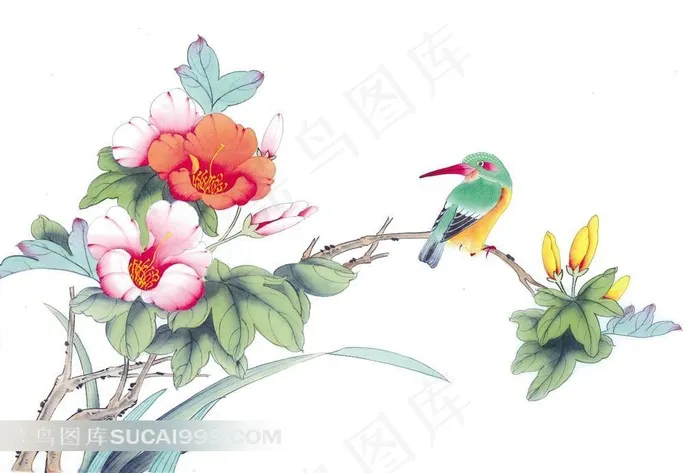 水墨国画月季花翠鸟