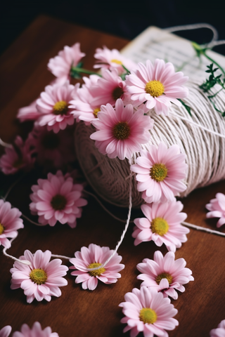 书桌上的粉色雏菊花麻绳摄影图
