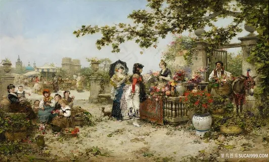 花卉市场风景画油画 花卉市场风景画油画