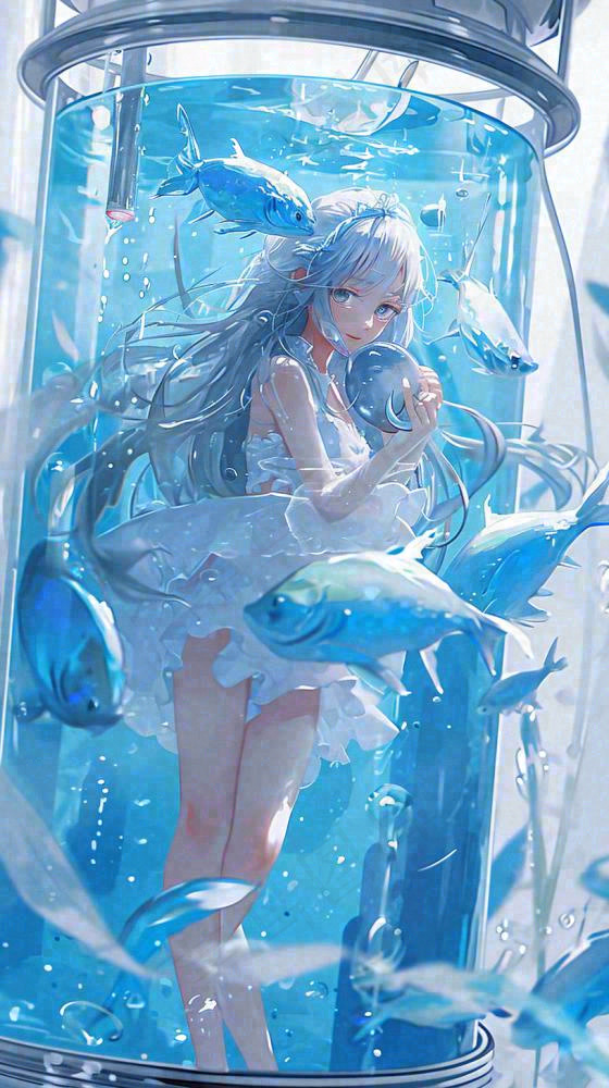 蓝色水面美人鱼，鱼类少女动漫漫画手绘插画