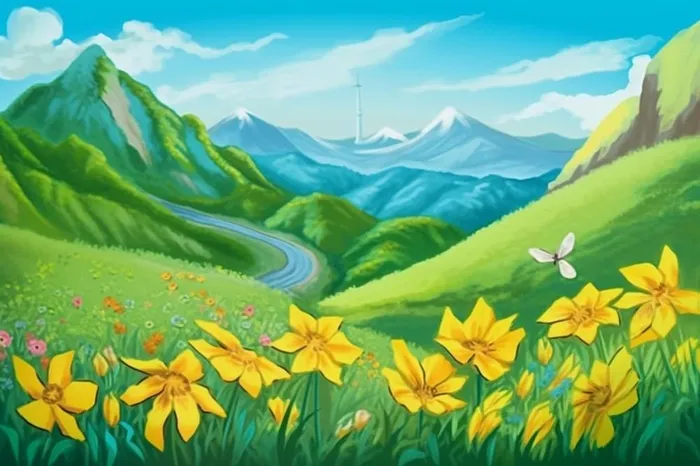 蓝天白云草地小花清新背景(1344x896)