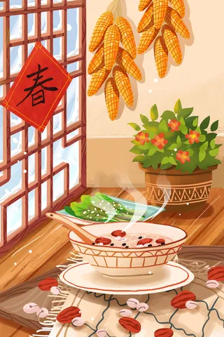 中国传统节日手绘卡通腊八节腊八粥插画海报PSD格式设计素材