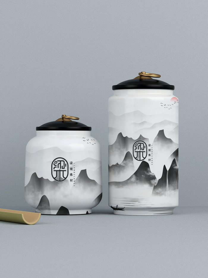 国风高档茶叶包装盒袋罐瓶LOGO标贴展示VI智能贴图样机PSD素材psd模版下载