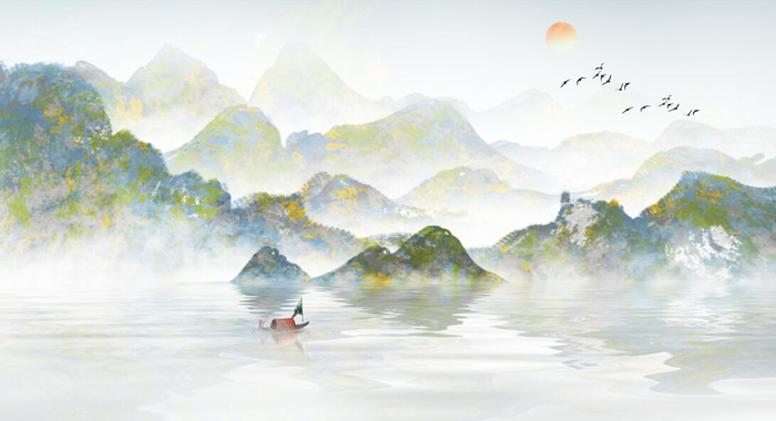 水彩山水景观画PSD素材