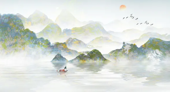 水彩山水景观画PSD素材