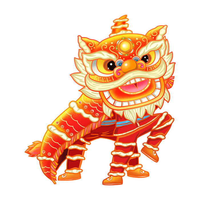 新年春节虎年元宵手绘人物舞狮卡通狮子头插画元素PSD设计素材