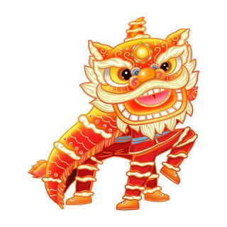 新年春节虎年元宵手绘人物舞狮卡通狮子头插画元素PSD设计素材
