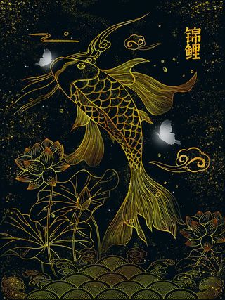 复古中国风国潮手绘烫金仙鹤锦鲤凤凰建筑黑金线描插画PS设计素材