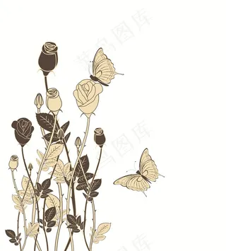 素描蝴蝶玫瑰花