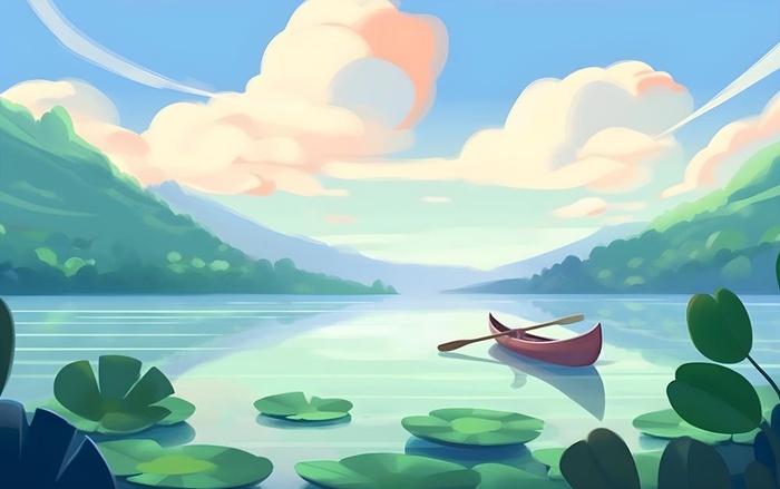 湖中泛舟山森林绿叶花风景插画海报素材背景(5504x3456)