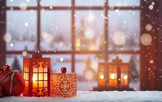 圣诞装饰喜庆礼物红色窗外下雪摄影图
