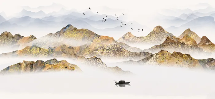 渔船山川景色湖水画PSD素材