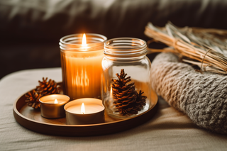 秋冬房间茶几托盘里点燃的香薰杯蜡烛松果玻璃瓶摄影图
