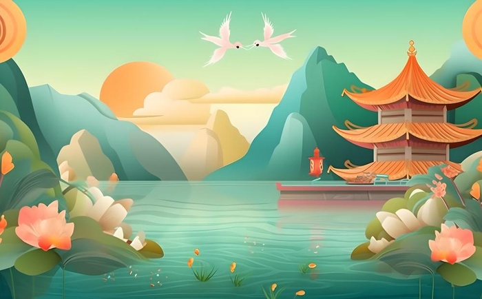 国风山水阁楼古风背景