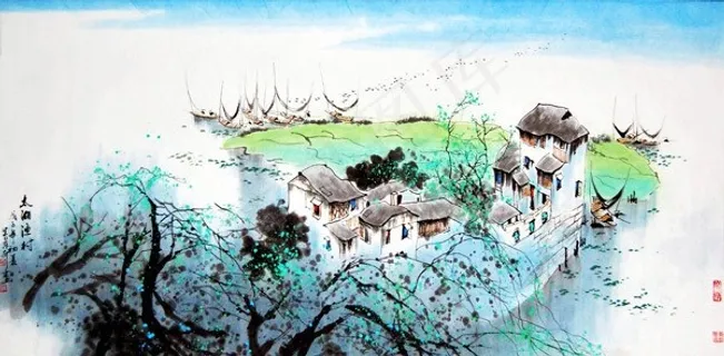 太湖渔村国画