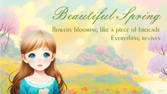 绚烂美丽的春天手绘女孩插画背景壁纸-彩云