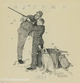 诺曼 · 洛克威尔手绘猎枪装饰画
