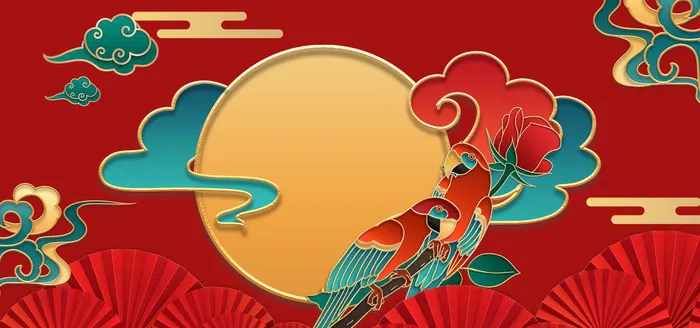 中国风国潮宫廷复古祥云锦鲤花卉扇子BANNER海报背景PSD素材