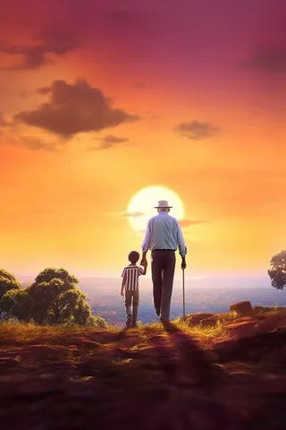 落日老人孩子山海背景