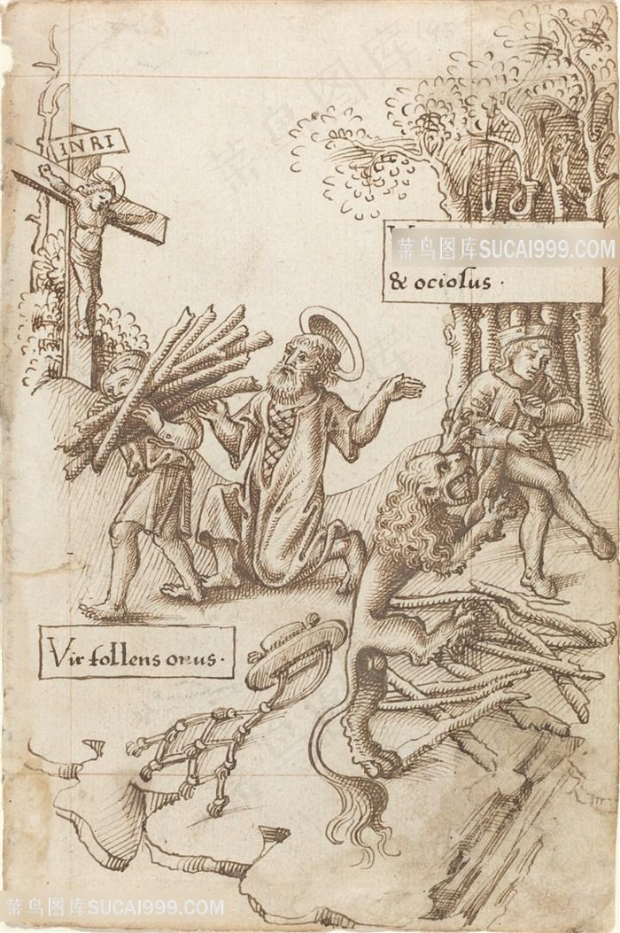 老人木材风景画装饰画手绘插画