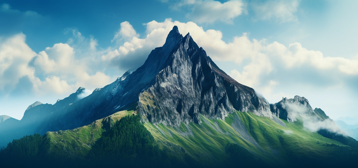 蓝天白云中的一座大山山巅摄影图(4800x2256)