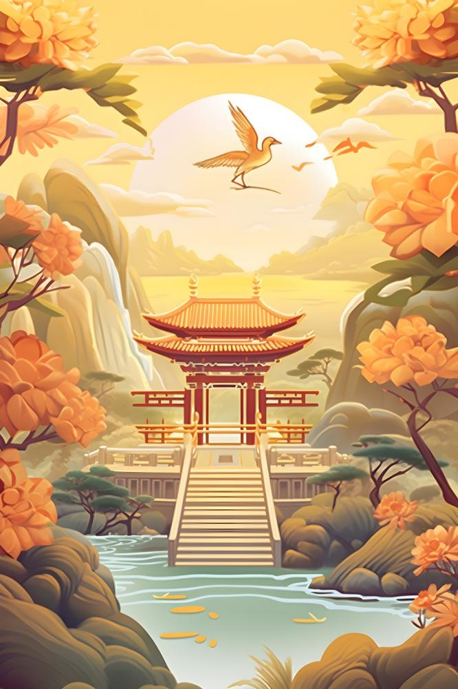 国潮花朵仙鹤云间背景(2400x3600)