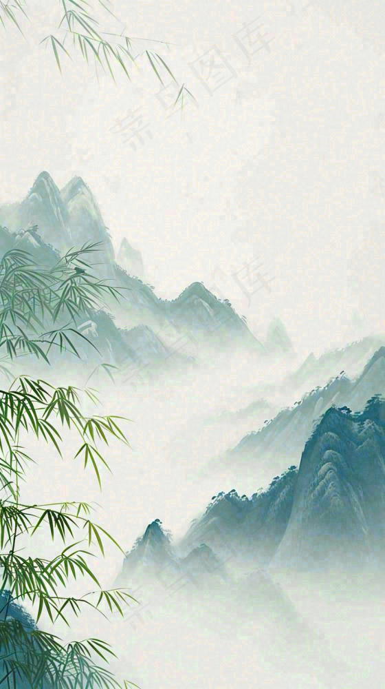 中国风云雾山脉意境竹叶山雾画插画(816x1456)