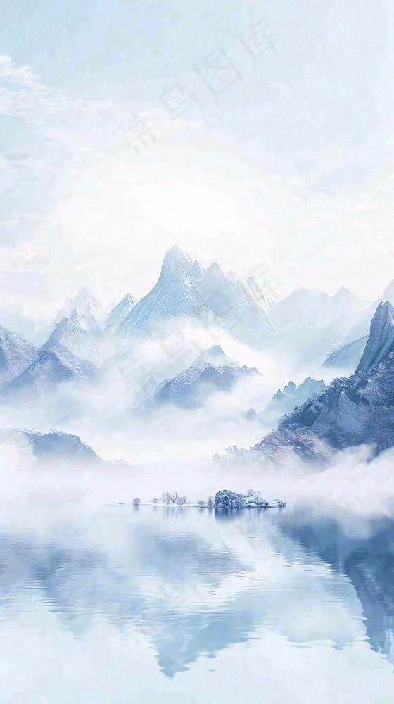 中国风山雾云海山脉意境山水画(816x1456)
