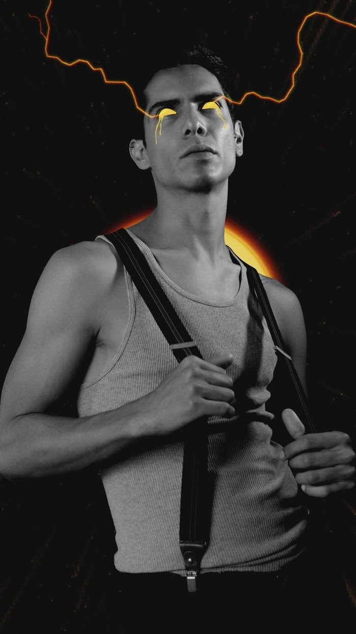 一个人的抽象形象，他的眼睛里有光线