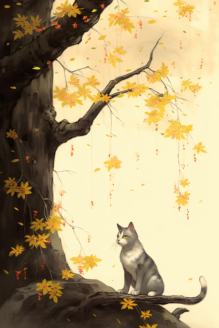 猫咪爬到树上玩耍树枝开出黄色花朵卡通插画素材(x)