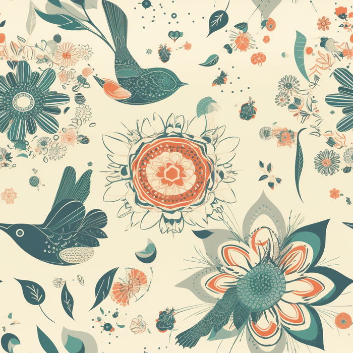 花鸟图，插画风格，无缝贴图，素材