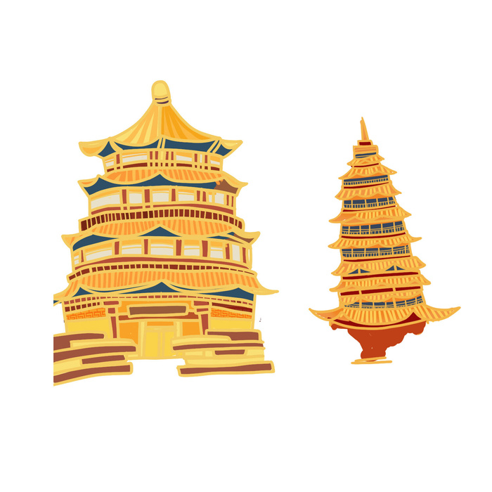 复古中国风国潮古建筑插画手绘高楼古塔PSD素材亭子png免抠图