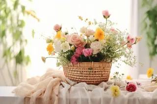 竹篮里的鲜花五颜六色室内摄影图