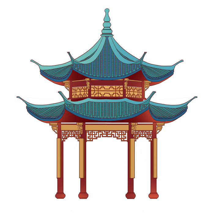 复古中国风国潮古建筑插画手绘高楼古塔PSD素材亭子png免抠图