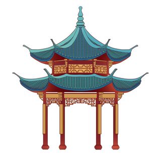 复古中国风国潮古建筑插画手绘高楼古塔PSD素材亭子png免抠图