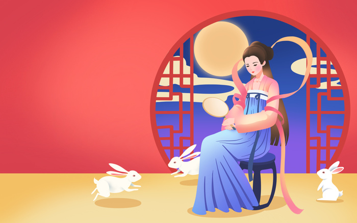 中秋节国潮中秋嫦娥玉兔窗框月亮插画素